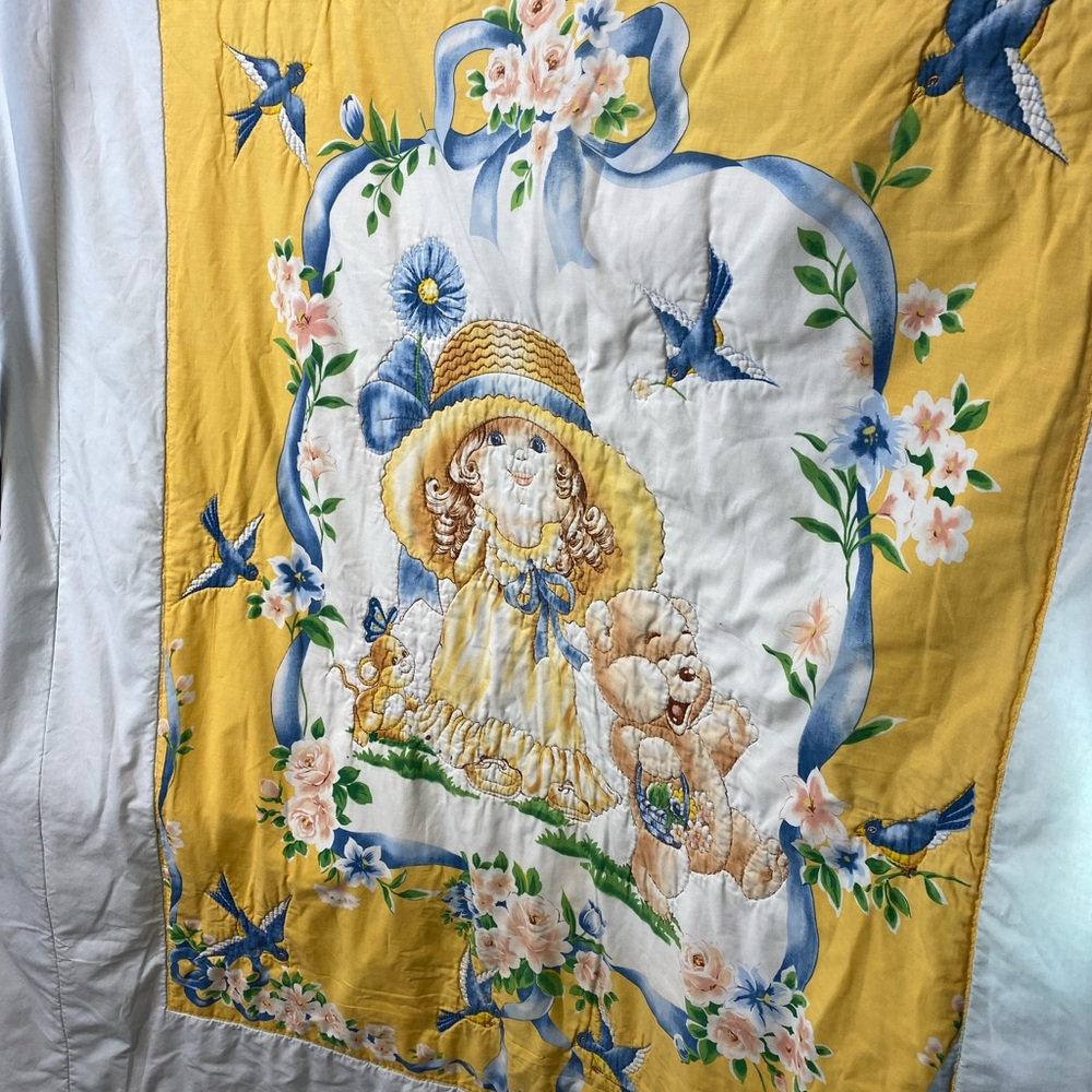 Vintage Homemade Quilt Baby Blanket Cover Doll Bed Girl Bear Flowers 67” x 52”